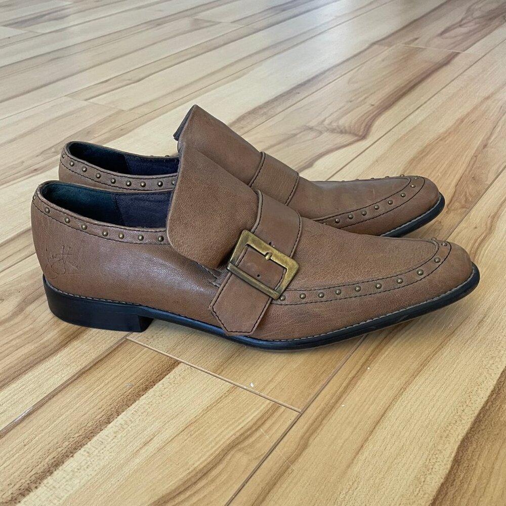 JOHN FLUEVOG Vintage Picnic Chianti Studded Monk Strap Tan Leather Size 7